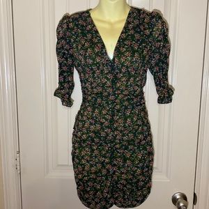 Purple Snow Small green floral ruched dress zipper back sheer sleeves lined body